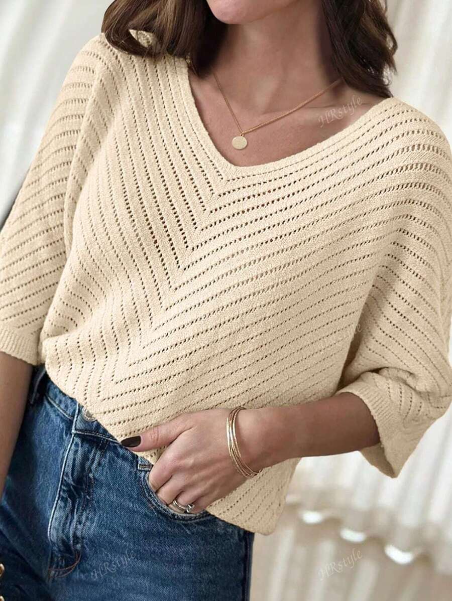 Women's Fashion Solid Color Hollow Out Ribbed Knit Cropped Sweater, Minimalist Style, Suitable For Spring, Summer And Autumn