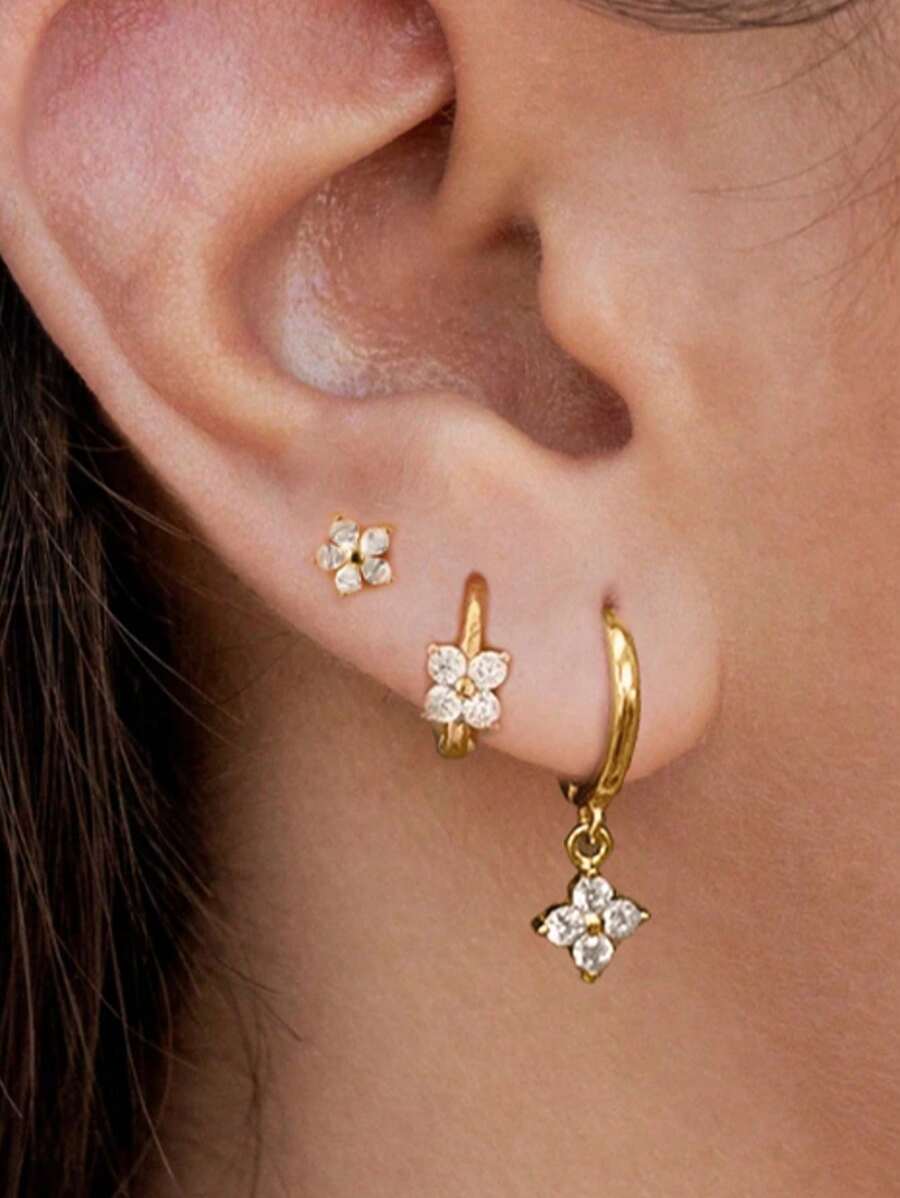 Set de 3 piezas de pendientes de flor de acero inoxidable con circonia para mujeres, aros y aretes de cartílago plateados en oro de 14K hipoalergénicos para uso diario