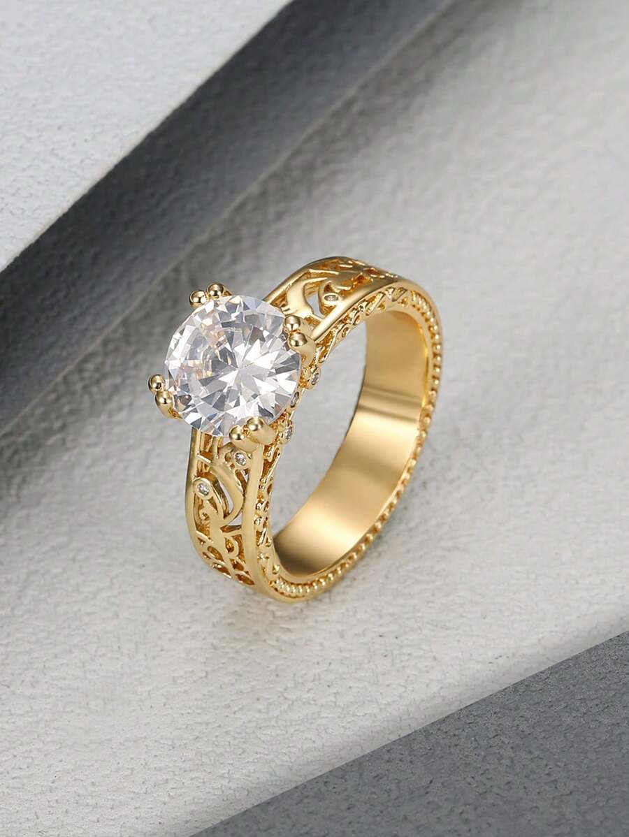 1 Stück glamouröser Cut Out goldener Ring mit kubischem Zirkonia, Edelstahl Schmuckzubehör für Frauen, als Geschenk für Bankett, Jahrestag