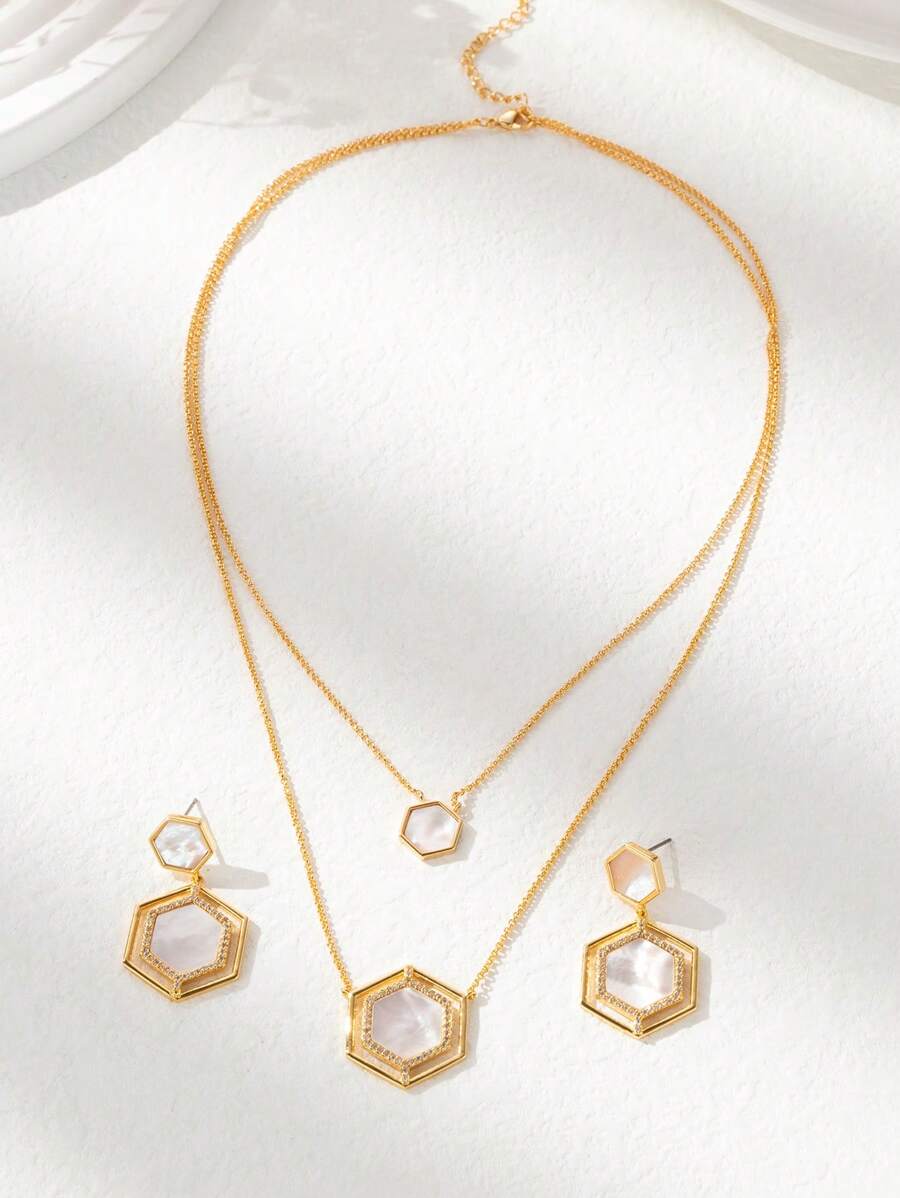 1set Elegant Hexagon Mother-Of-Pearl Necklace & Earrings Jewelry Set, Perfect For Parties And Daily Wear