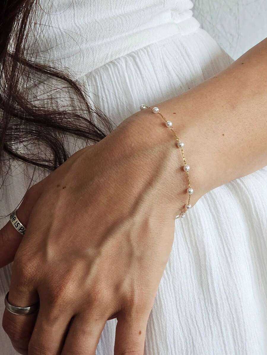 1pc Dainty Faux Pearl Chain Bracelet Stainless Steel Minimalist Elegant Pearl Beaded Bracelet For Women Wedding Jewellery, Bridesmaid Gift, Mothers Day Gift
