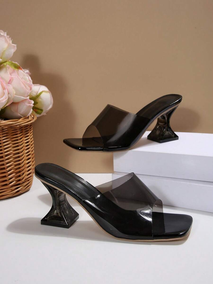 Wide Fit Women Summer New Clear High Heel Slippers, Fashion Asymmetric Heel Crystal Heel Sandals, Wide Fit Plus Size High Heels, Plus Size Sandals