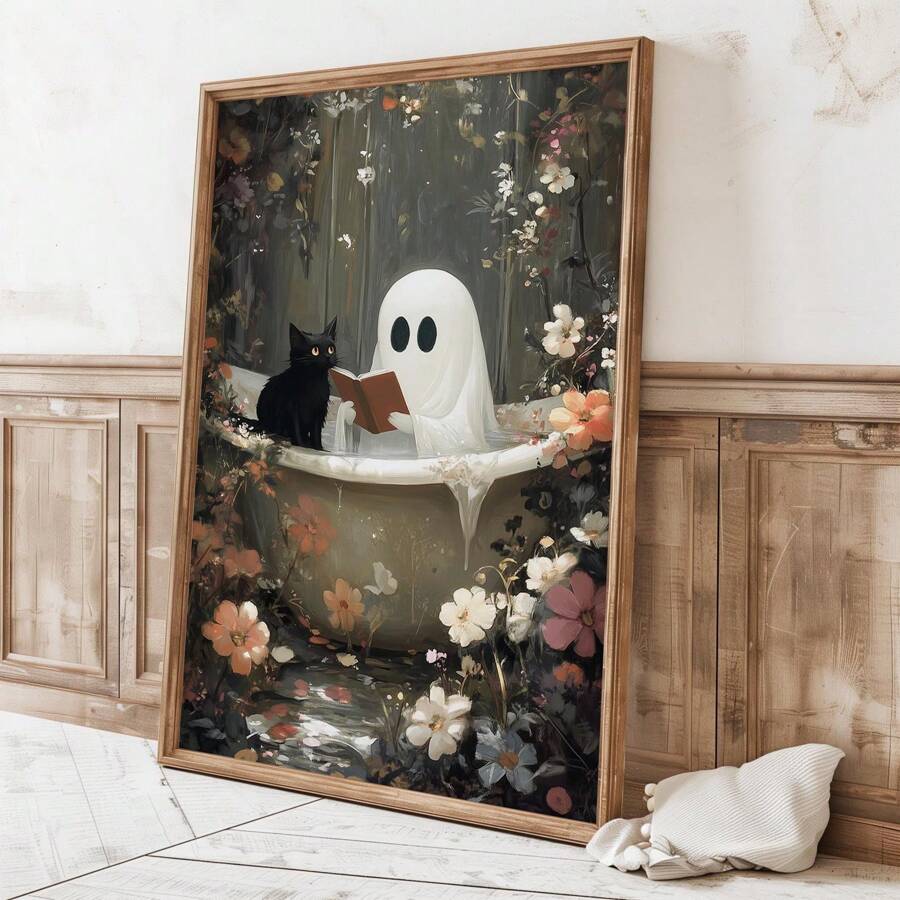 1 pezzo Fantasma nella vasca da bagno che legge con un gatto nero, opera d'arte murale per decorazione gotica da bagno, cartellone vintage senza cornice su tela per bagno/soggiorno/camera da letto gotica, regalo perfetto per Ognissanti e decorazione per feste (pittura gotica, pitture, stampe murali, stampe da parete, cartellone funky, ritorno a scuola, vacanze, spiaggia, laurea)