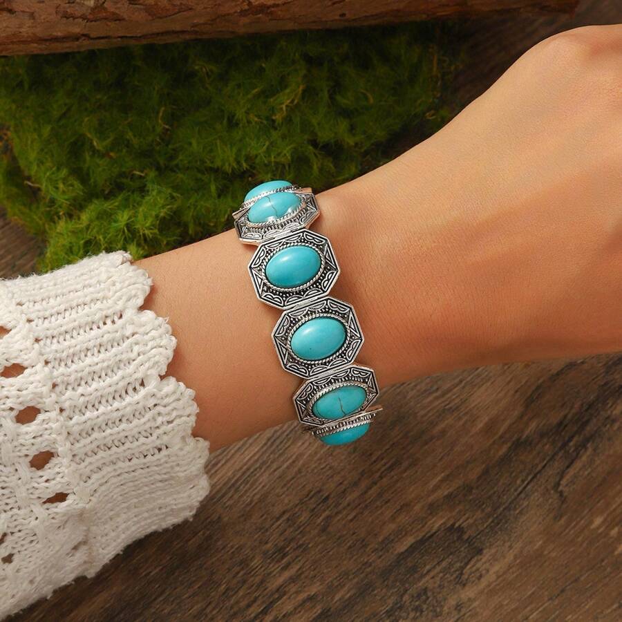 1 pulseira elástica de corda turquesa estilo boho, pulseira vintage totem artesanal, presente de Natal e acessório diário