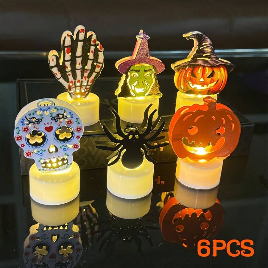 Set de 6 piezas de luces de noche de hierro de estilo Halloween, luces decorativas de calabaza, bruja, calavera, araña, luces LED de escritorio para chimenea, decoración de Halloween para el hogar, fiesta, habitación, jardín como regalo