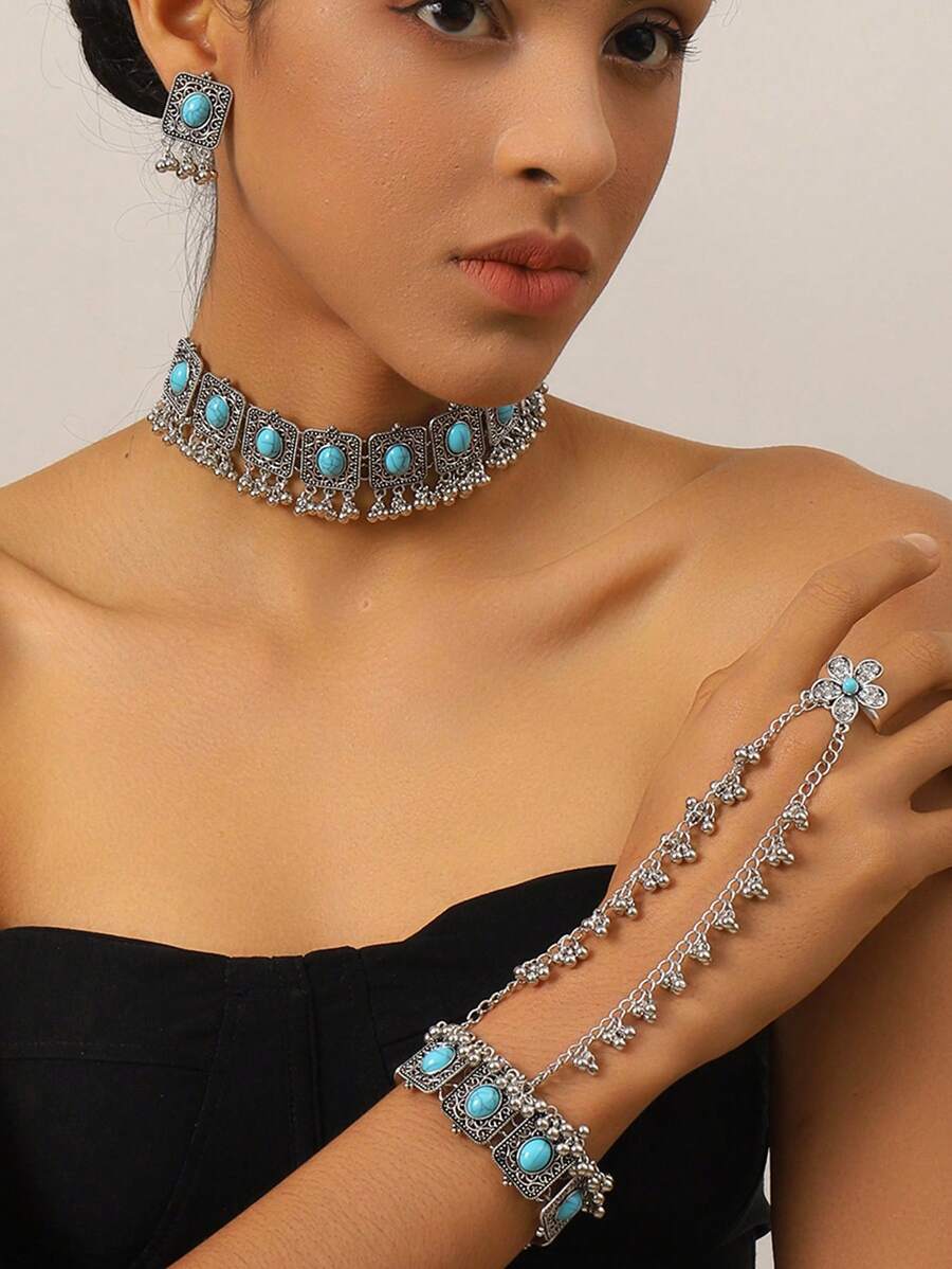 1 pieza Collar de turquesa azul de moda, 1 pieza Anillo de dedo completo con estilo palaciego de moda, 1 pieza de Pendientes con estilo, adecuado para fiesta, accesorios de vestimenta, regalos