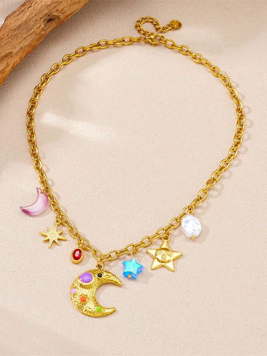 1 Stück Modisches, buntes Mond & Stern Kette Anhänger aus vergoldetem Edelstahl mit mehreren Elementen