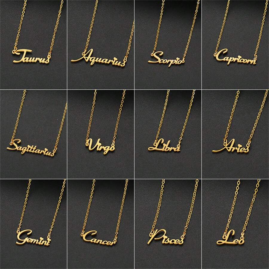 1 pieza Collar con colgante de los 12 signos del zodiaco en inglés, de acero inoxidable, accesorio de joyería con capas sencillo y personalizado para mujeres