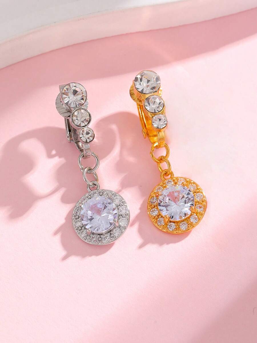 1pc 8mm Zirconia Stone & 3 Diamond Seamless Fake Belly Button Ring For Women, Basic Non-Piercing Navel Ring For Everyday Wear
