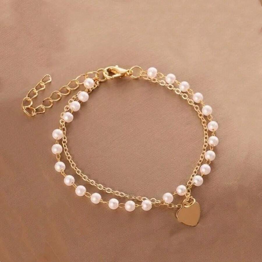 1pc Versatile Pearl Decor Double Layer Chain Pendant Bracelet For Women, Commuting, Daily, Dating