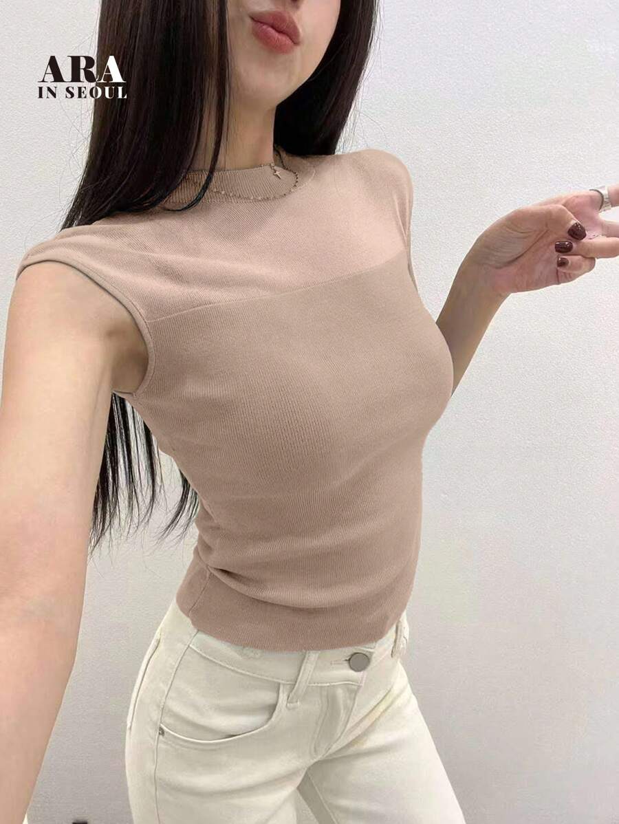 Top in maglia trasparente senza maniche dalla vestibilità aderente, con colletto a contrasto, stile "Pure Desire" di ARA IN SEOUL, adatto per appuntamenti, uso quotidiano, vacanze e feste - nuova collezione estiva per signore
