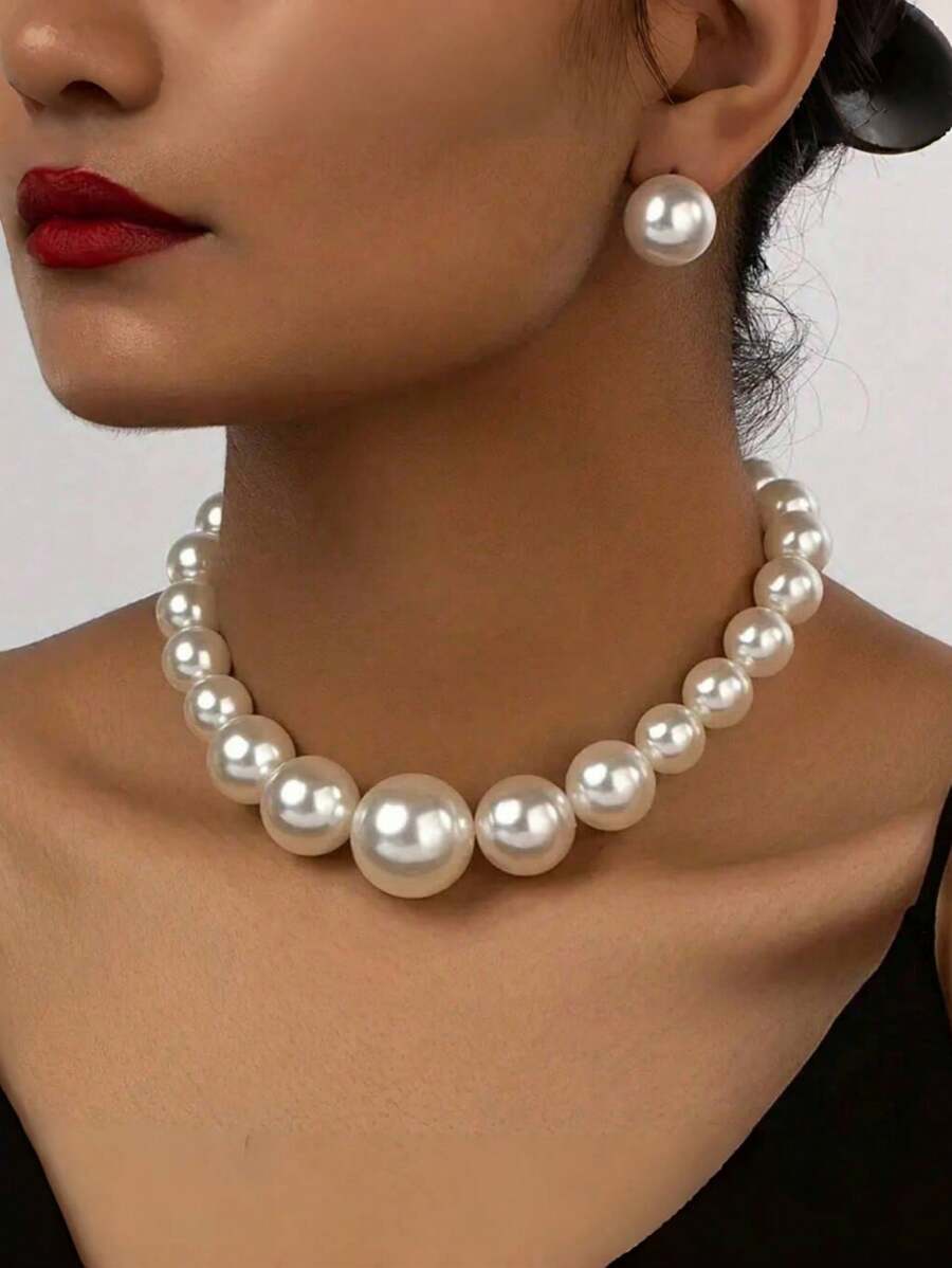 1 Set de Aretes + Collar Romántico Estilo Francés Joyería de Perla Acrílica Blanca Perlada, Apto para Uso Diario de Mujeres