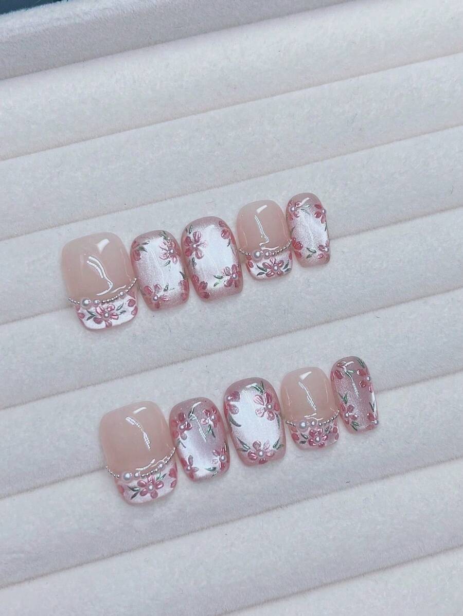 10pcs Pink Handpainted 3D Floral Pearl Chain, French Shiny Pearl Cat Eye Floral Wearable Nail Art Decoration For Nail DIY Enthusiasts, Women And Girls