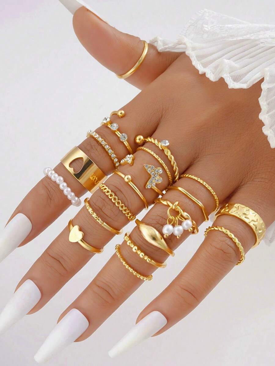 21 pièces/set Bague en métal avec cœur, papillon, étoile, faux-perles, strass, géométrique, ajouré, tressé, croisé, large. Ensemble de bagues à la mode, simples, élégantes, vintage. Cadeau pour les festivals, les vacances, les fêtes, l'usage quotidien