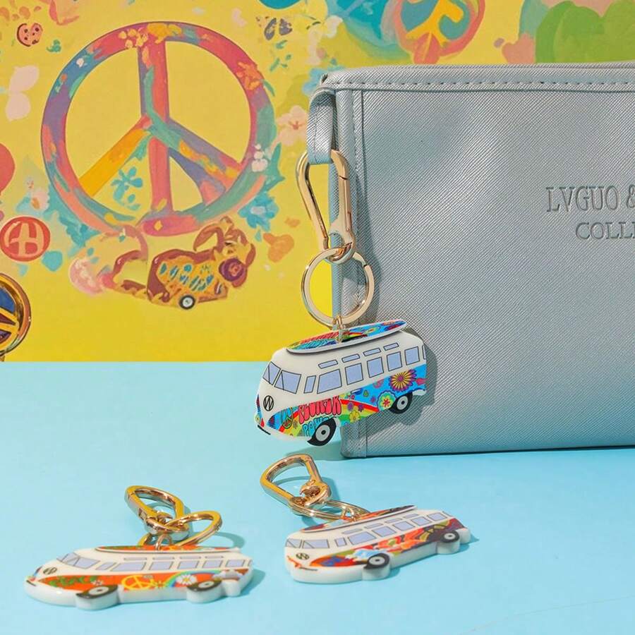 Personalisierter Schlüsselanhänger, Schlüsselkette, Taschendeko mit Friedens-Liebe-Hippie-Bus-Motiv, Schule