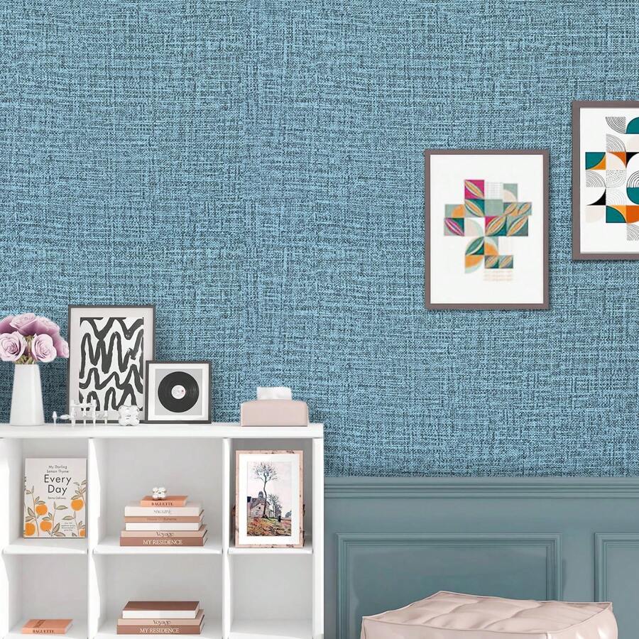 1 Rotolo di carta da parati in vinile autoadesiva rimovibile con texture in lino blu, adatta per camera da letto, bagno, soggiorno, facile da installare, impermeabile, per ristrutturazione della casa, dimensione: 45cm*3/5/10M