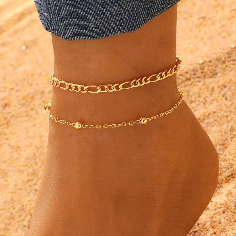2 Stück/Set einfache klassische goldene/silberne Edelstahl Kugelkette Figaro Kette Knöchelkette für Frauen