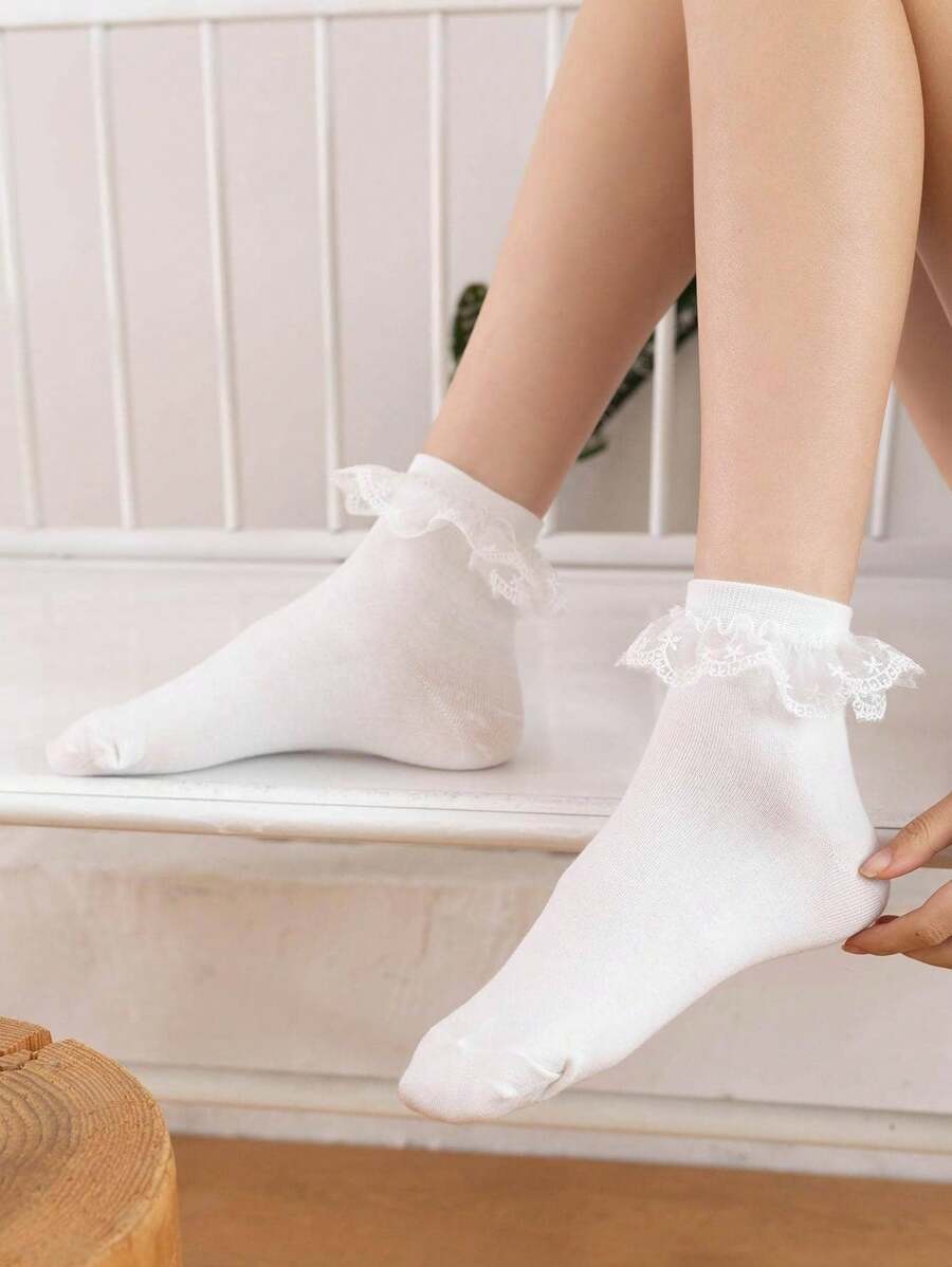 1 par de calcetines versátiles de media pantorrilla con encaje y pentágrama para mujer, color blanco, para todas las estaciones