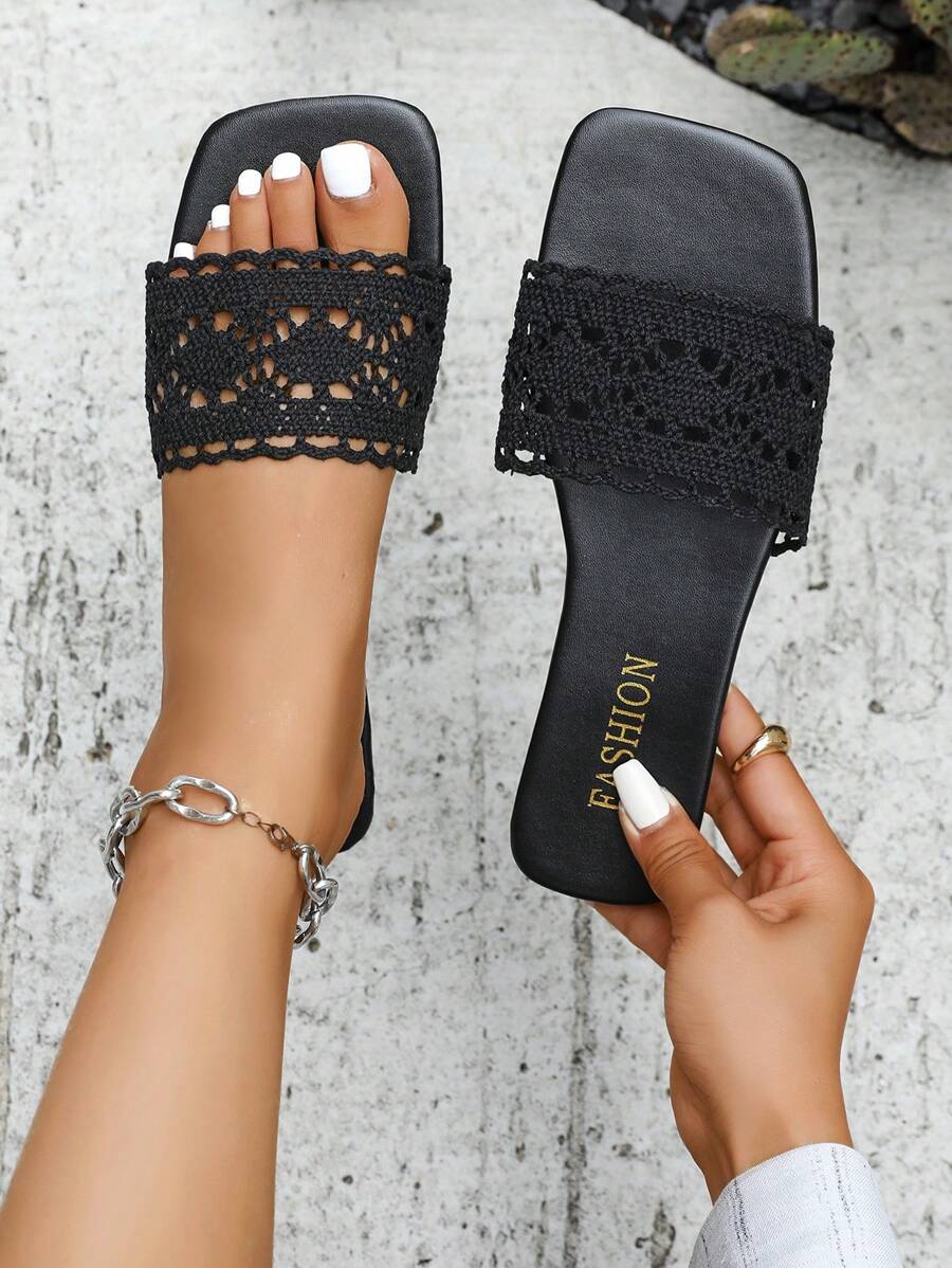 Bohemian Hollow Out Woven Black Casual Slip-On Sandals For Women, New Summer Beach Vacation Slippers