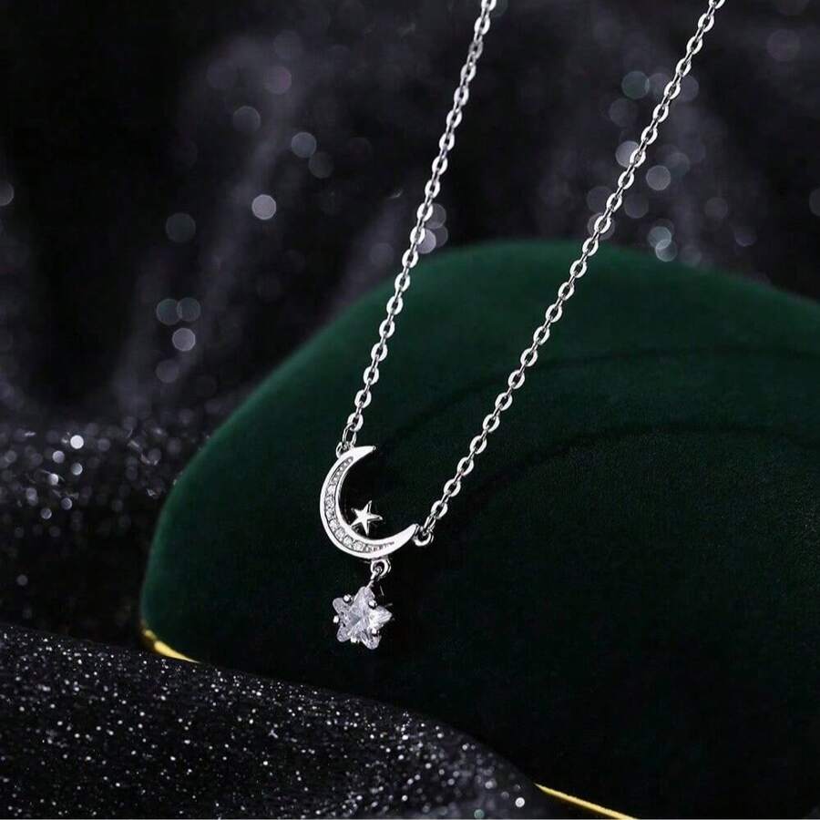 1 Piece Of Fashionable S925 Sterling Silver Star Moon Necklace For Women Niche Light Luxury Moon Clavicle Chain Versatile Star Zirconia Foot Silver Jewelry