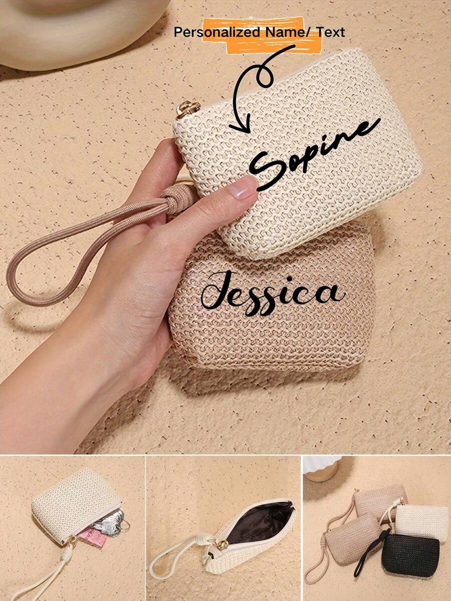 1pc Straw Coin Purse, Name Can Be Customized Small Coin Purse For Women, Portable Hand-Held Keychain Bag, Key And Card Storage Bag, Straw Small Wallet, Portable Clutch Bag, Key Card Bag, Hand-Hanging Storage Bag Multifunctional Storage Bag Essential For Back To School