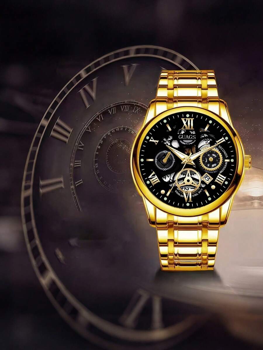 Relógio masculino de escala romana, modelo fashion, 1 peça | Pulseira de aço inoxidável e movimento de quartzo com calendário, relógio masculino de disco grande | Adequado para presentes de aniversário, presentes de formatura, presentes de Halloween