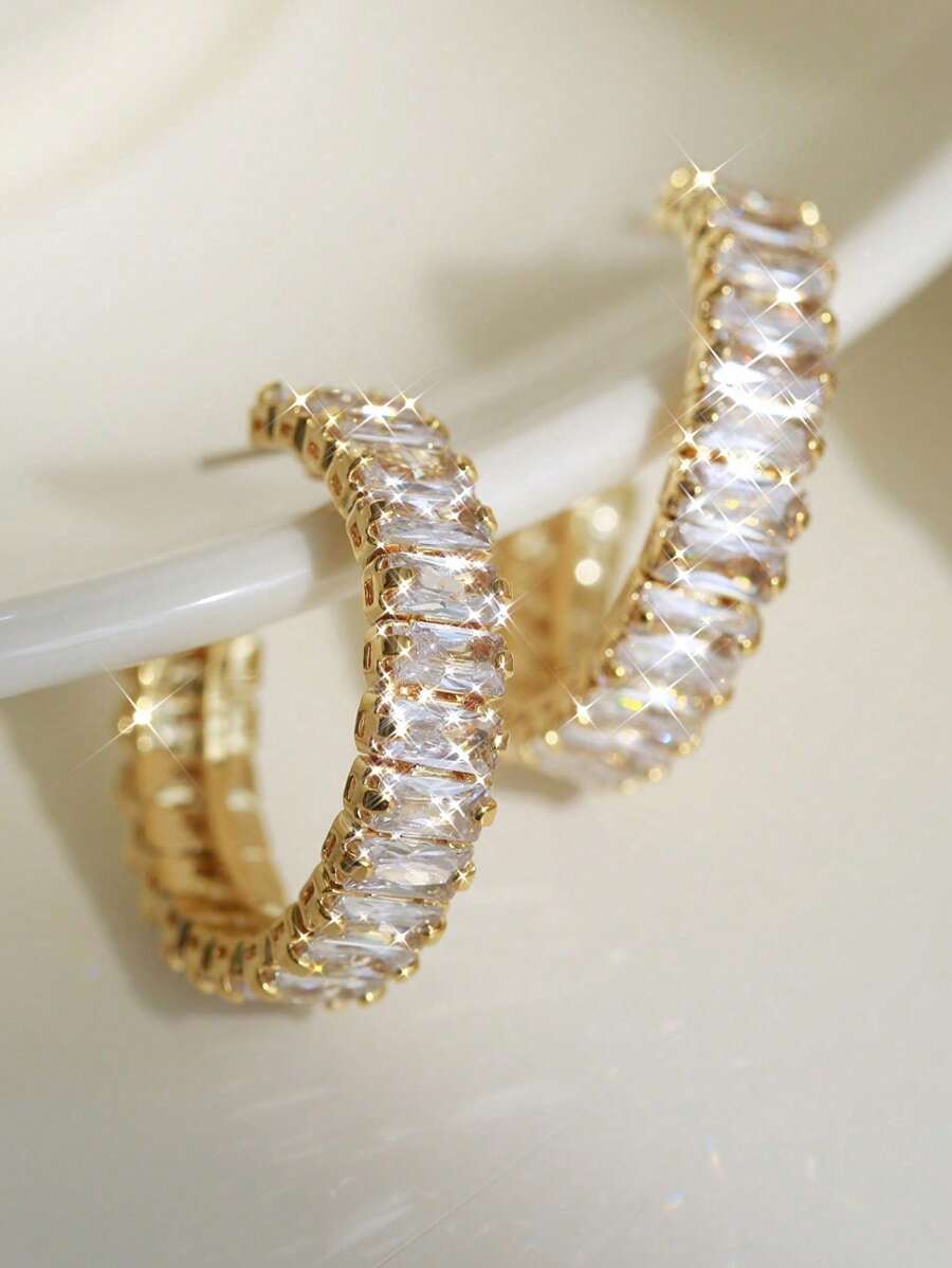 1 Pair Fashionable Rhinestone Inlaid Square C-Shaped Hoop Earrings, Suitable For Parties And Weddings