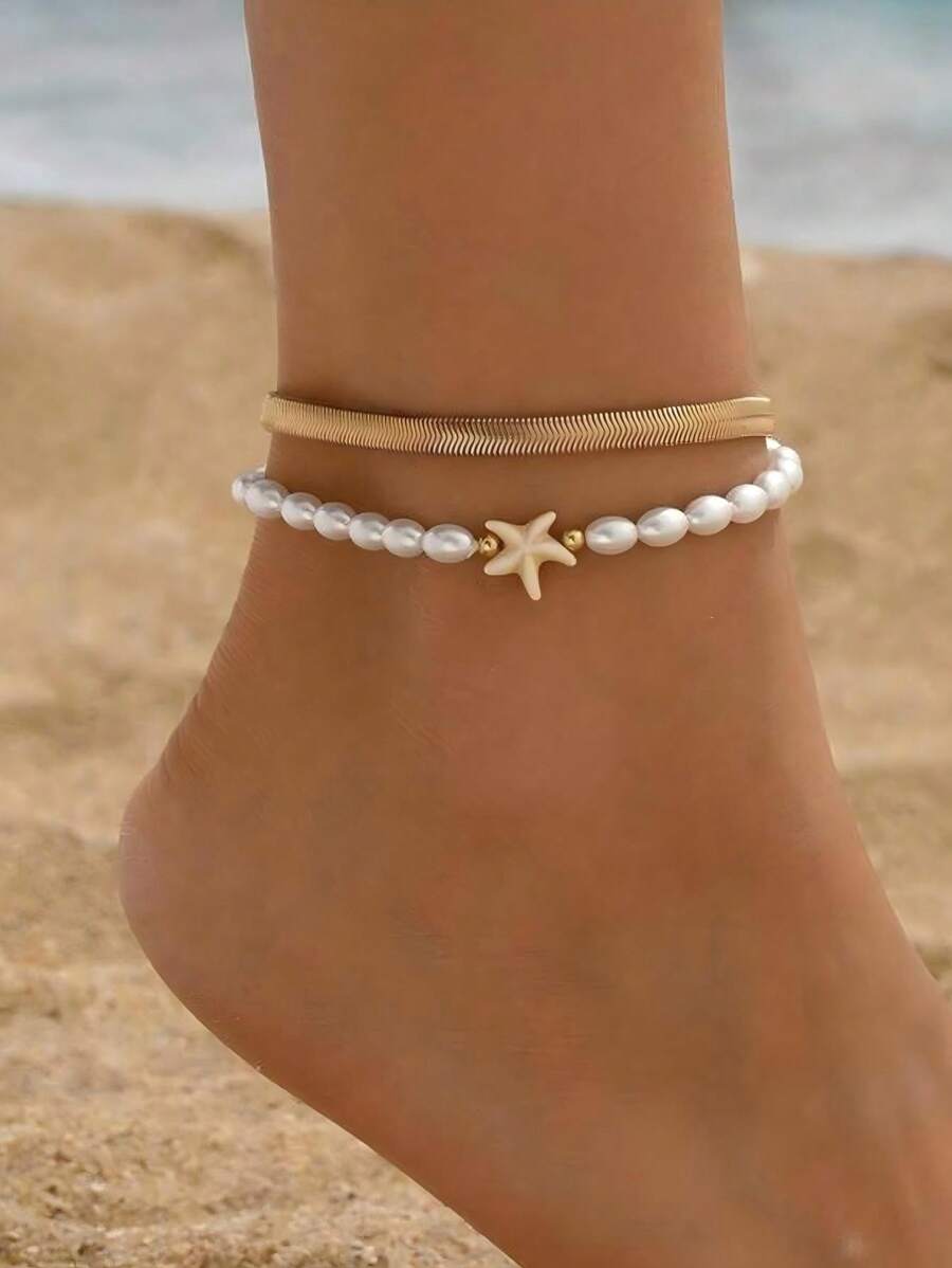 2pcs Set Snake Chain Starfish Decor Gold Anklet, Simple White Round Faux Pearl Adjustable Handcraft Multilayer Beach Anklet For Women, Daily & Holiday Wear