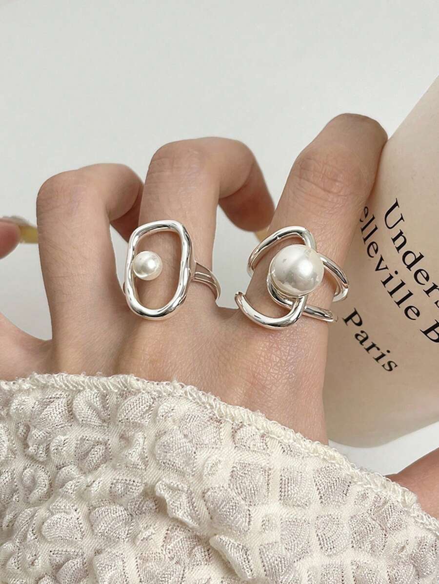 2pcs Pearl Rings Set For Women Couples New Elegant Creative Hollow Geometry Handmade Birthday Party Rings Jewelry Gifts