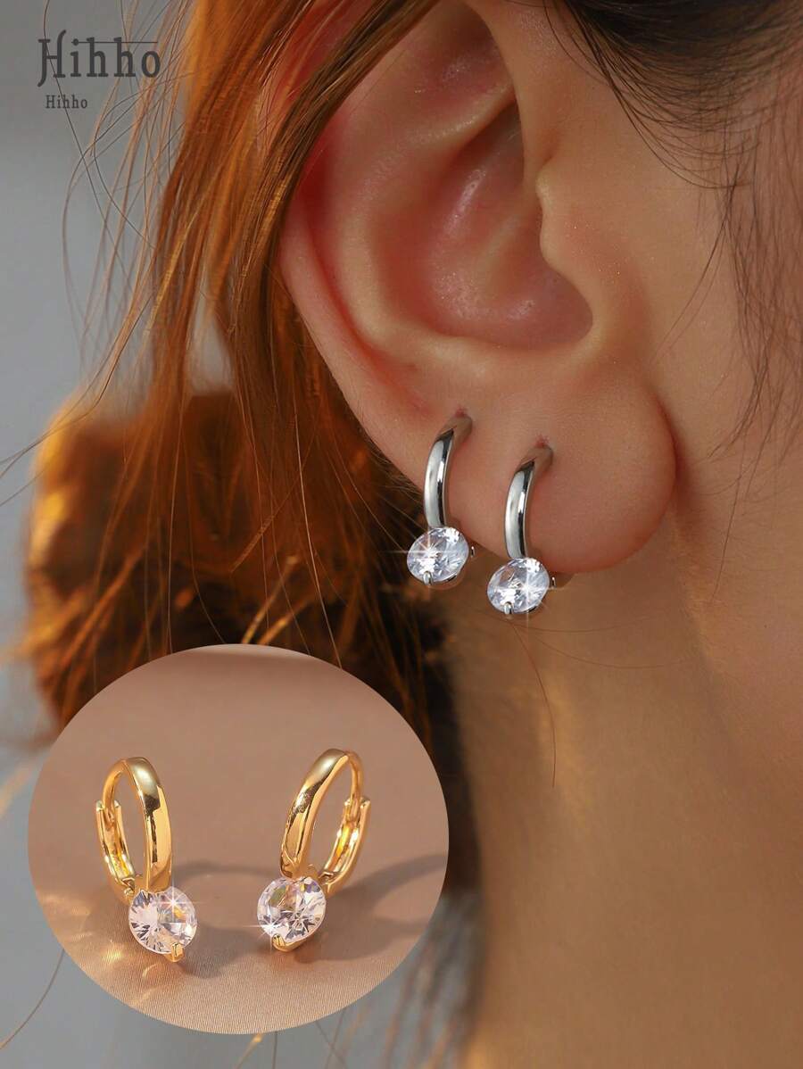 Hihho 1 Pair Luxury Elegant Single Diamond-Shaped Cubic Zirconia Pendant Earrings, Suitable For Valentine's Day And Daily Wear