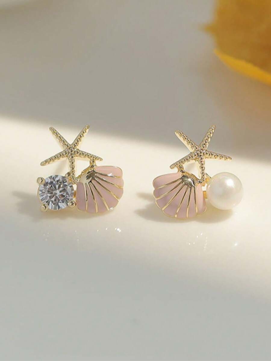 1 Pair Left & Right Starfish And Shell Decor Stud Earrings For Beach Party, Crystal And Pearl Multielement Beach Theme Earrings, Elegant And Cute, Women's Jewelry Gift, Suitable For Women's Summer Beach Date