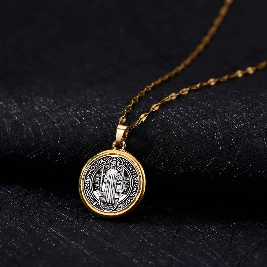 1 Stück vintage modischer Anhänger mit Medaille der Heiligen Benedikt und Judas, Edelstahlkette und stilvoller Anhänger
