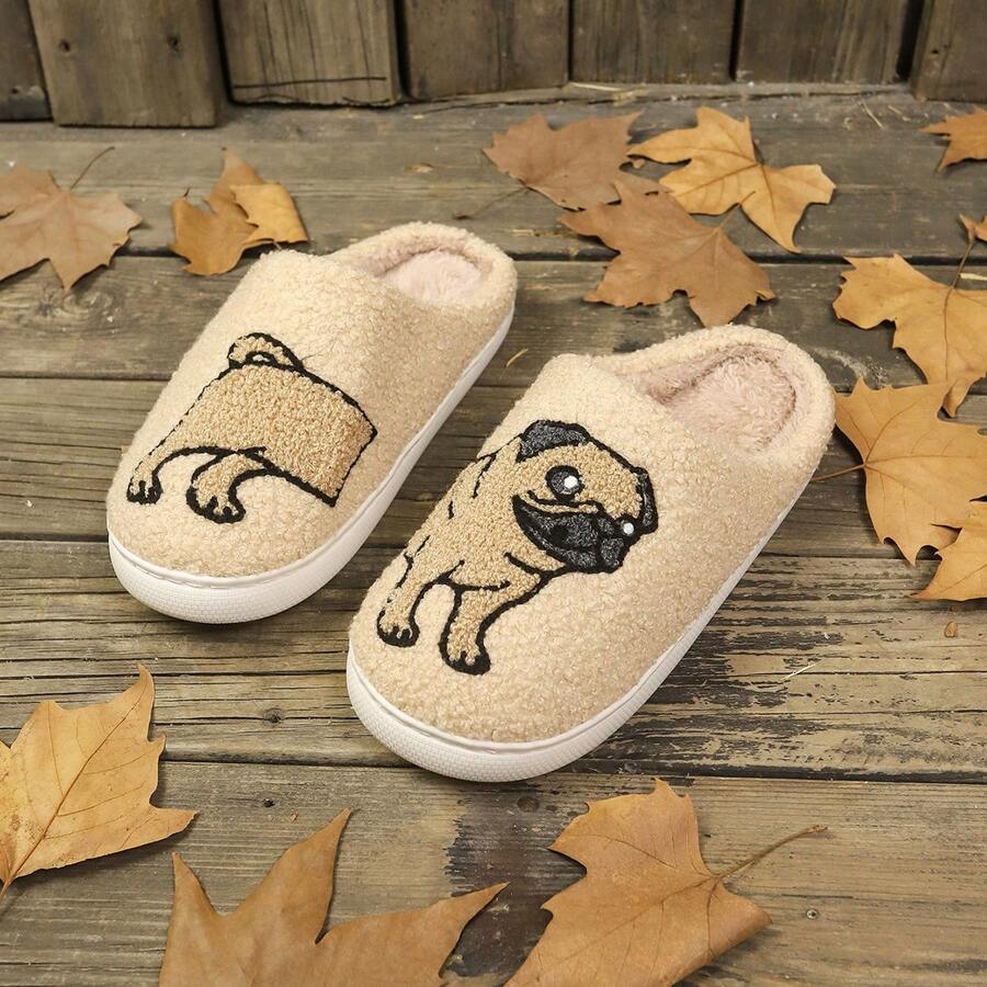 Chinelos Bordados com Tecido Macio e Aconchegante com Estampa de Filhote de Castor Cinza, Chinelos Quentes para Casa para Mulheres, Inverno