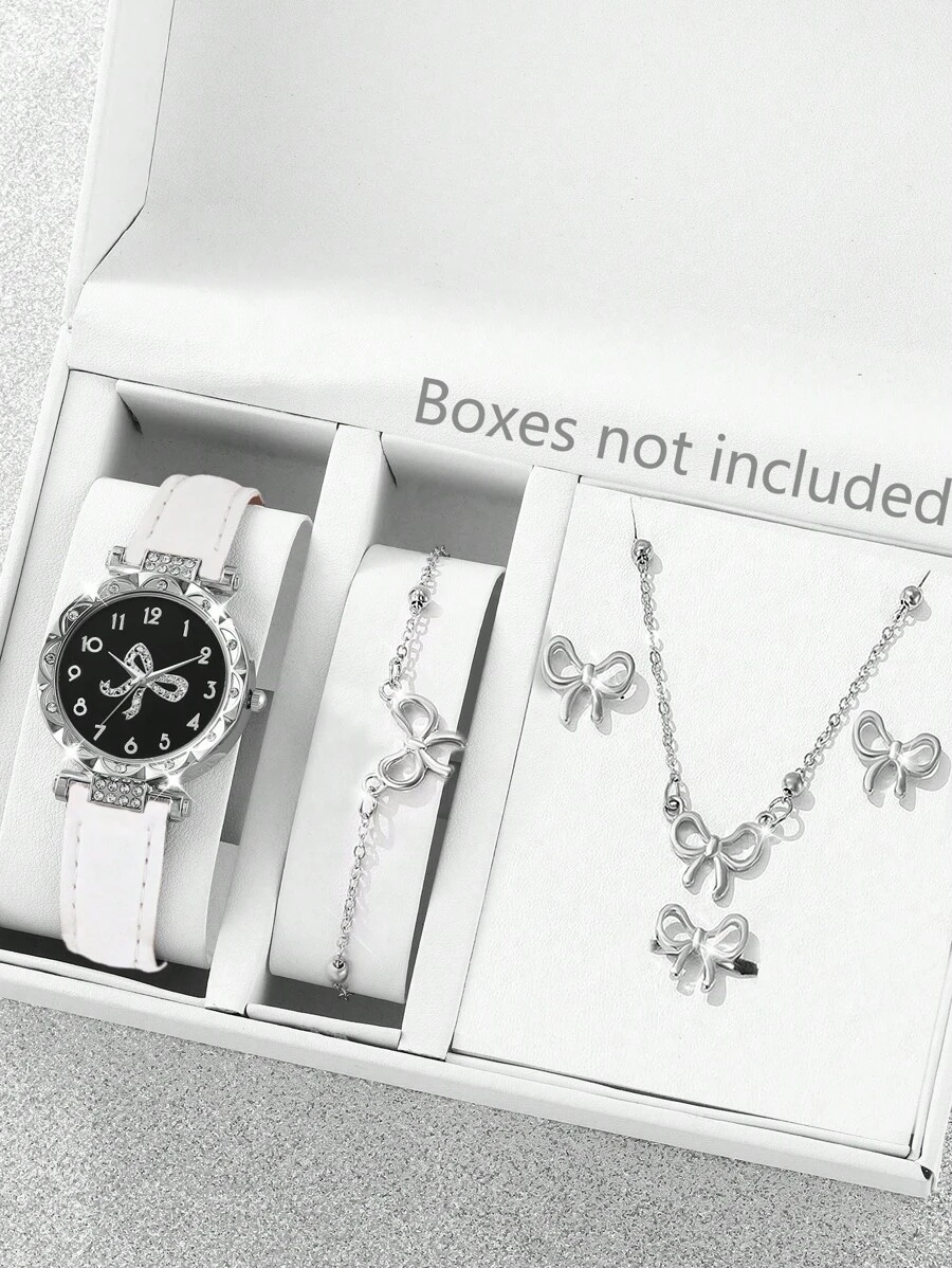 Conjunto de 6 piezas con correa de reloj de piel de PU blanco de moda, caja redonda de plata con patrón de lazo incrustado, reloj de cuarzo, collar, aretes, anillo, pulsera, mejor regalo de cumpleaños para ella, versátil para uso diario, fiesta, regreso a clases