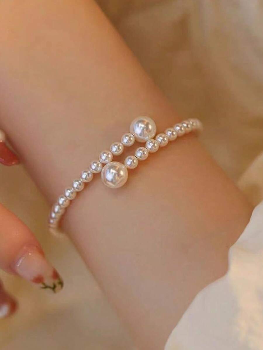 1pc Elegant Adjustable Faux Pearl Beaded Bracelet For Women, Geometric Design, Sophisticated Stylish Accessory For Daily Use, Parties, And Vacations, Vintage-Inspired Fashion Open Cuff - Ideal Gift