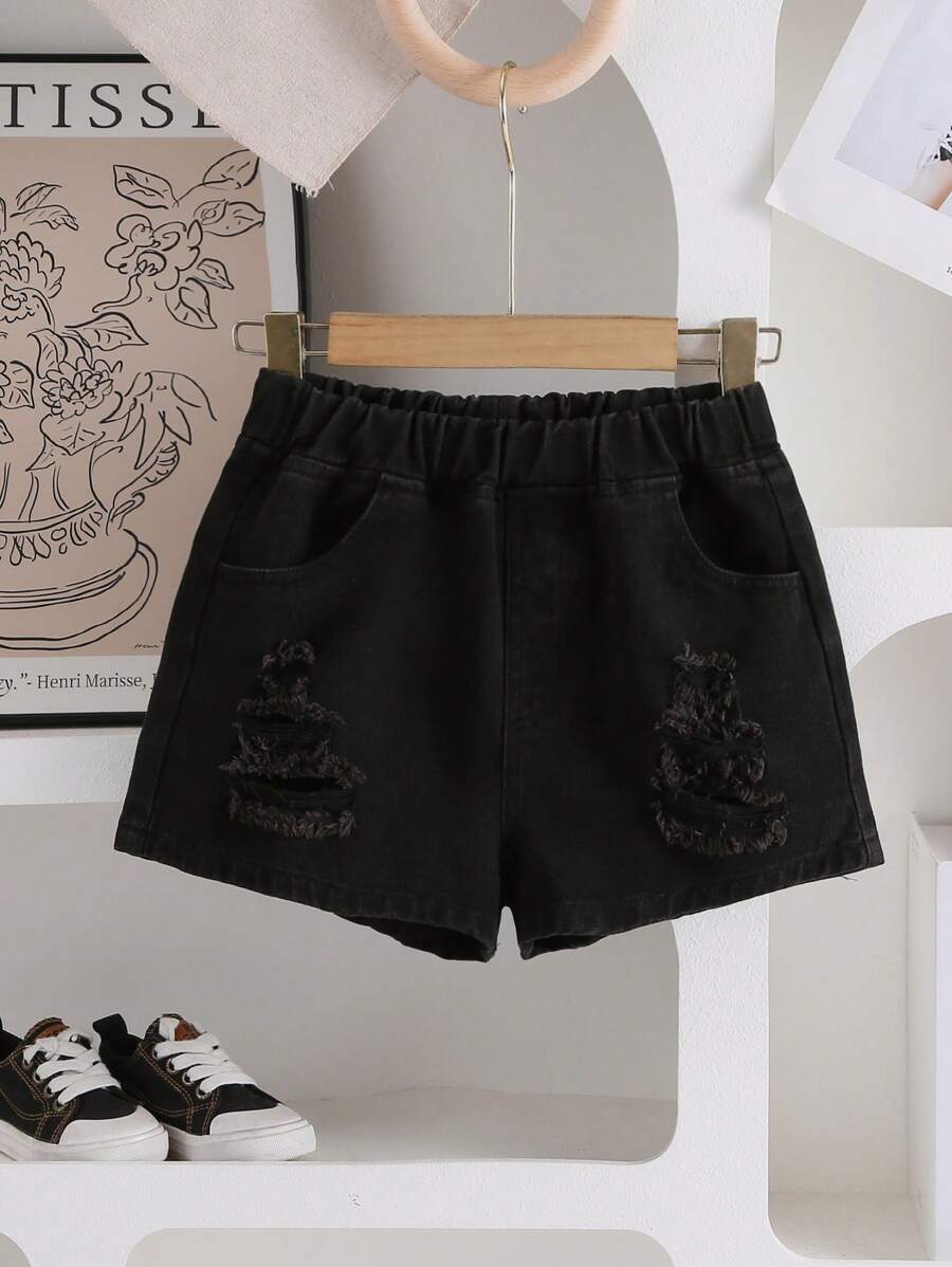 1 pieza Shorts vaqueros rotos de uso versátil para vacaciones y exteriores para niñas pre-adolescentes