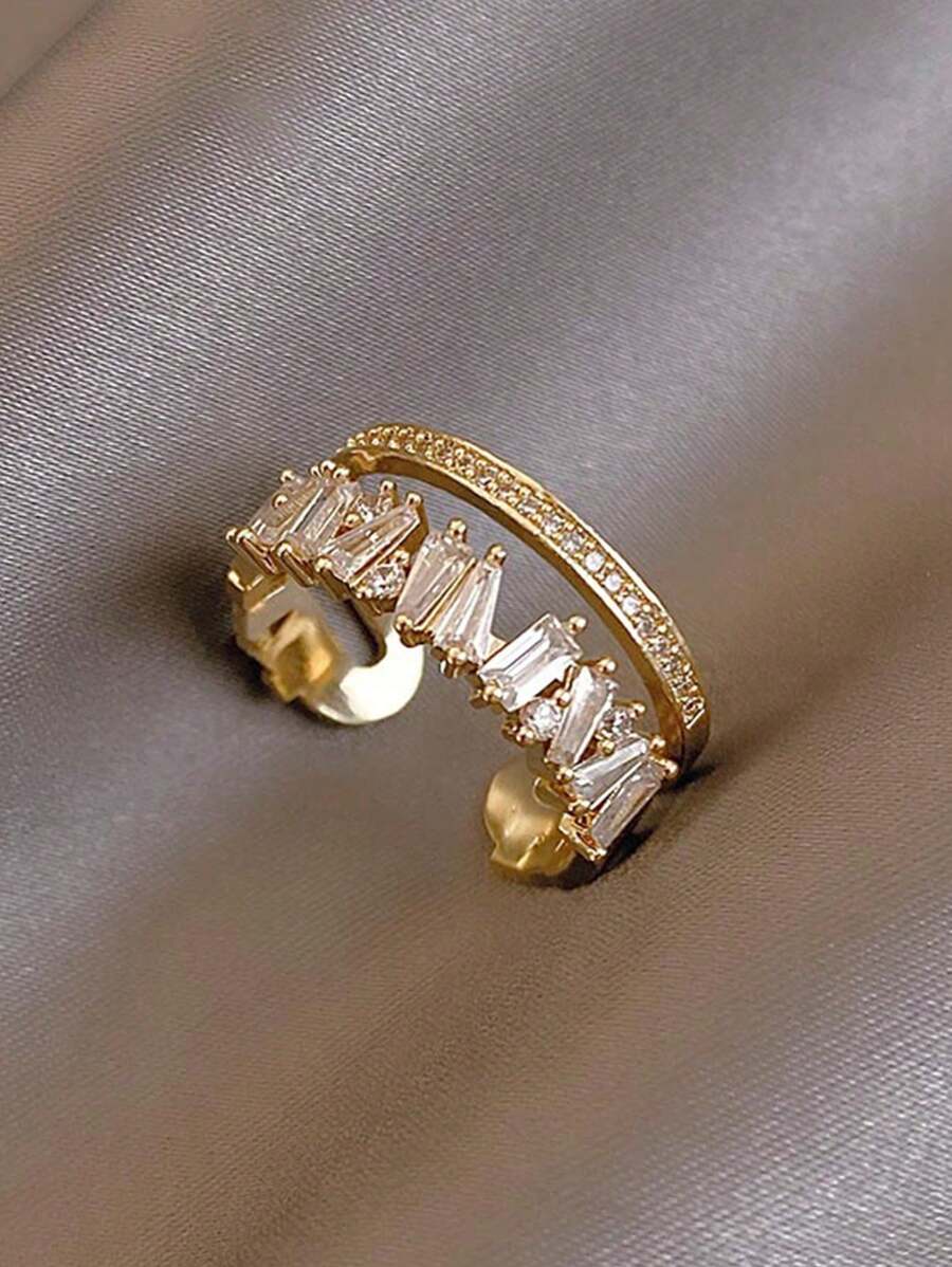 1 pieza Anillo abierto asimétrico de doble capa de lujo con zirconia micro-incrustada