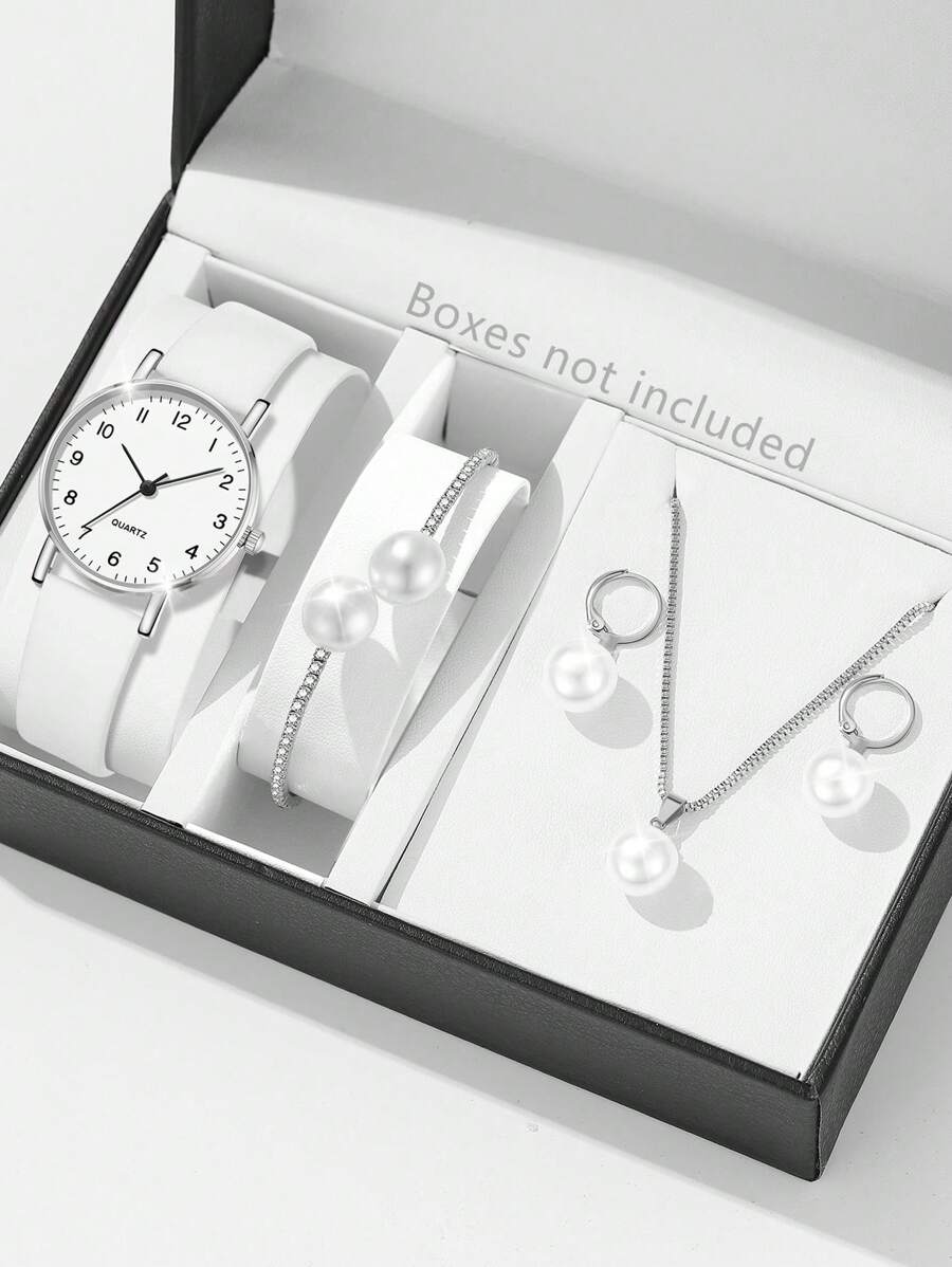 JasonRolls Conjunto de 5 piezas para mujer que incluye reloj de cuarzo con escala de números árabes, brazalete, collar y aretes. Un conjunto fashionable y sencillo, adecuado para uso diario, decoración o como regalo para ocasiones festivas.