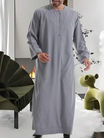 Arabic Style Men's Solid Color Handmade Button Round Neck Robe