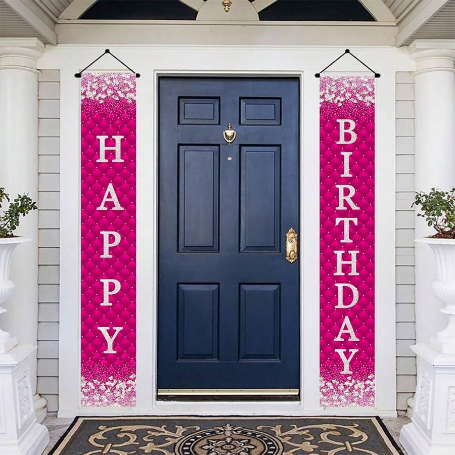 1 pezzo Striscione con ghirlanda di bandierine per compleanno, lettere argento glitter su sfondo rosa rosso, decorazione porta per festa di compleanno per donna, dimensioni 180 x 30 cm