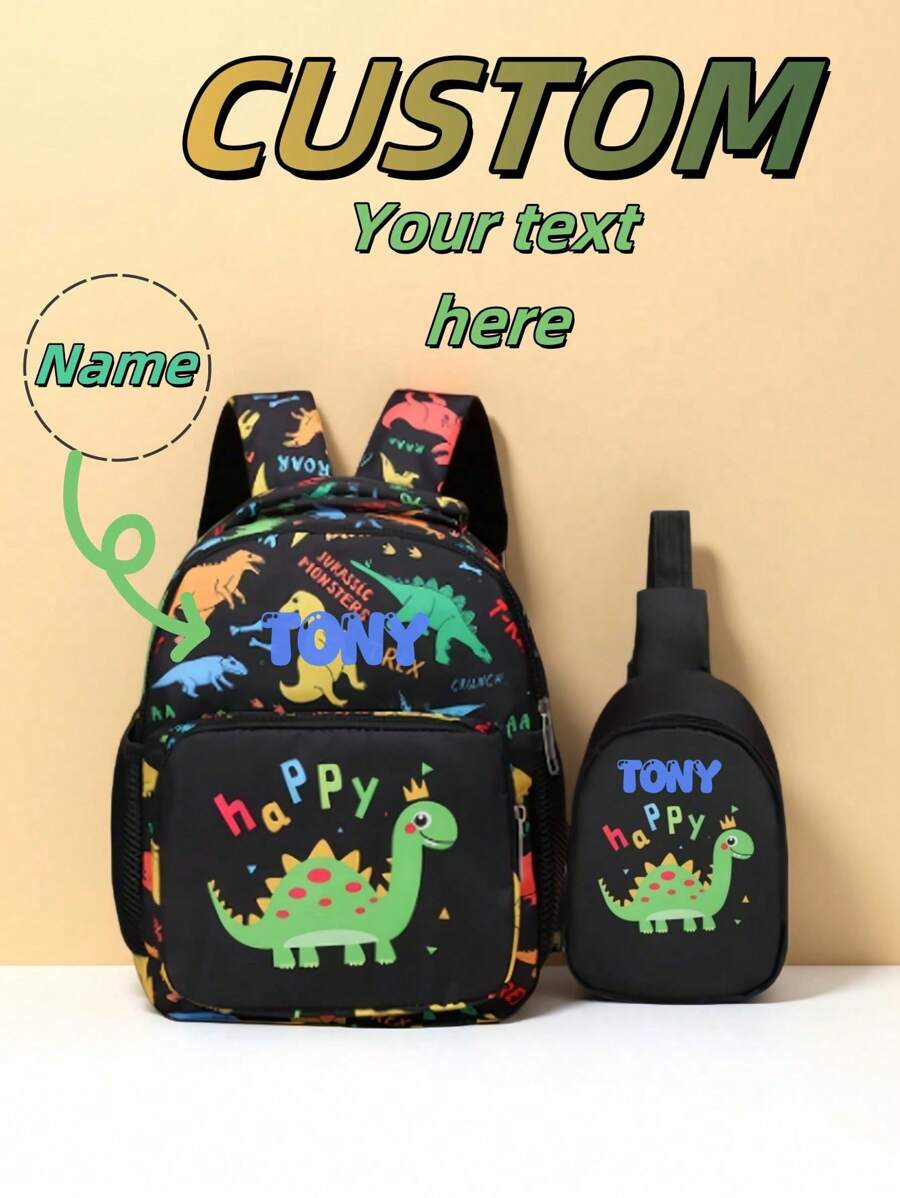 Customized Backpack And Small Shoulder Bag, Back-To-School Gift, Dinosaur-Themed, Colorful. Print Personalized Name Or Holiday Greetings. Create Your Own Backpack. This New Features A Nylon Zipper Design, Casual Versatile