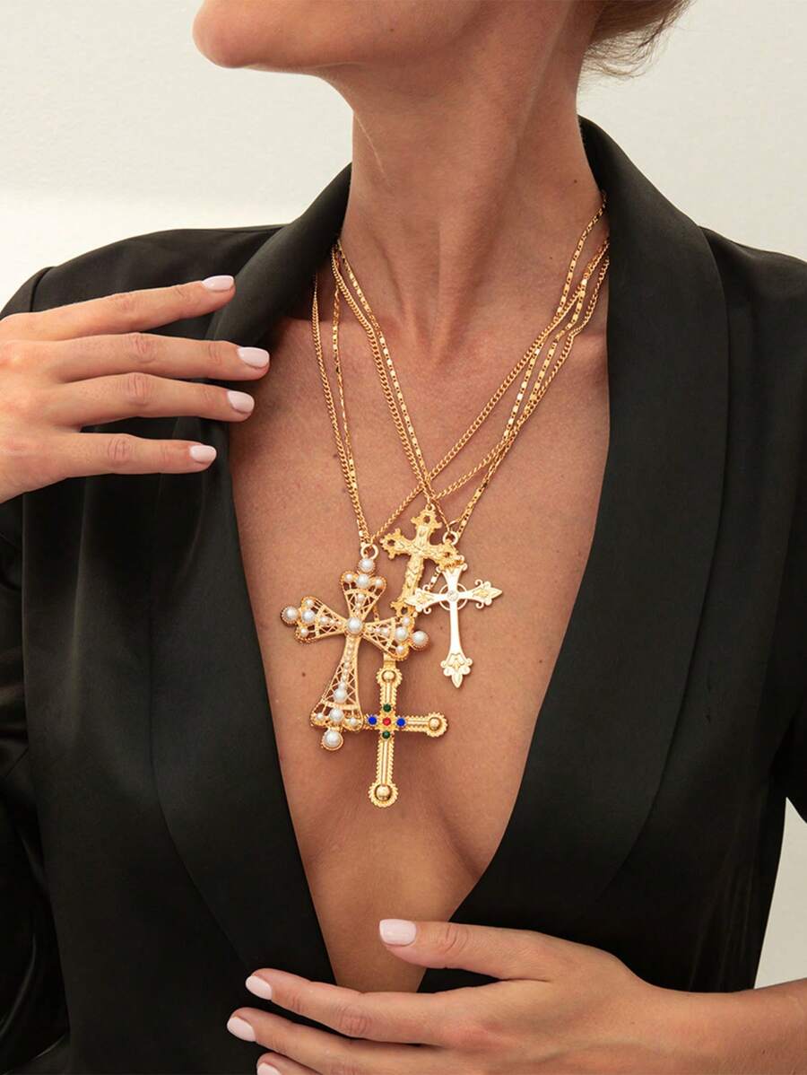 4pcs Set Summer Women's Fashion Exaggerated Multi-Layer Pearl Necklace, Personalized Hiphop Cross Pendant Necklace, Suitable For Daily Wear, Party, Holiday Gift