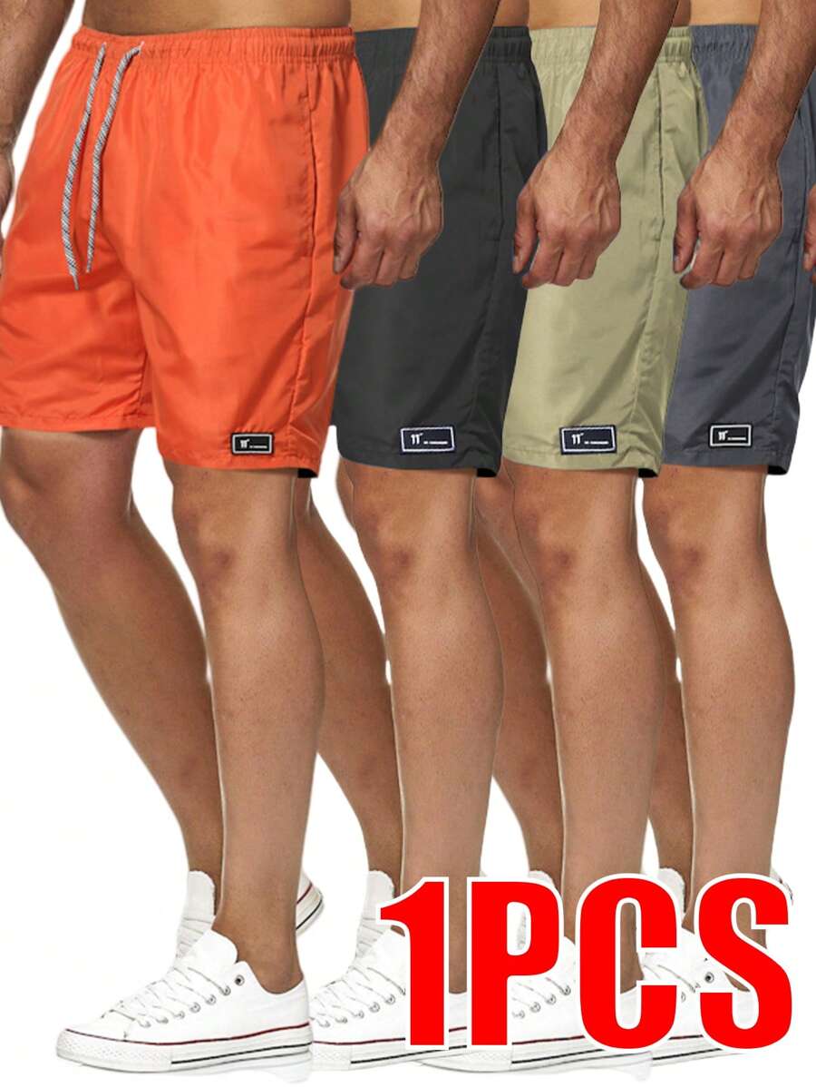 1pc Men's Summer Beach Shorts With Drawstring Waistband, Casual Style With Logo Detail | Ideal For Outdoor Activities, Leisurely Summer Days, Smooth Fabric Beach-Style Shorts