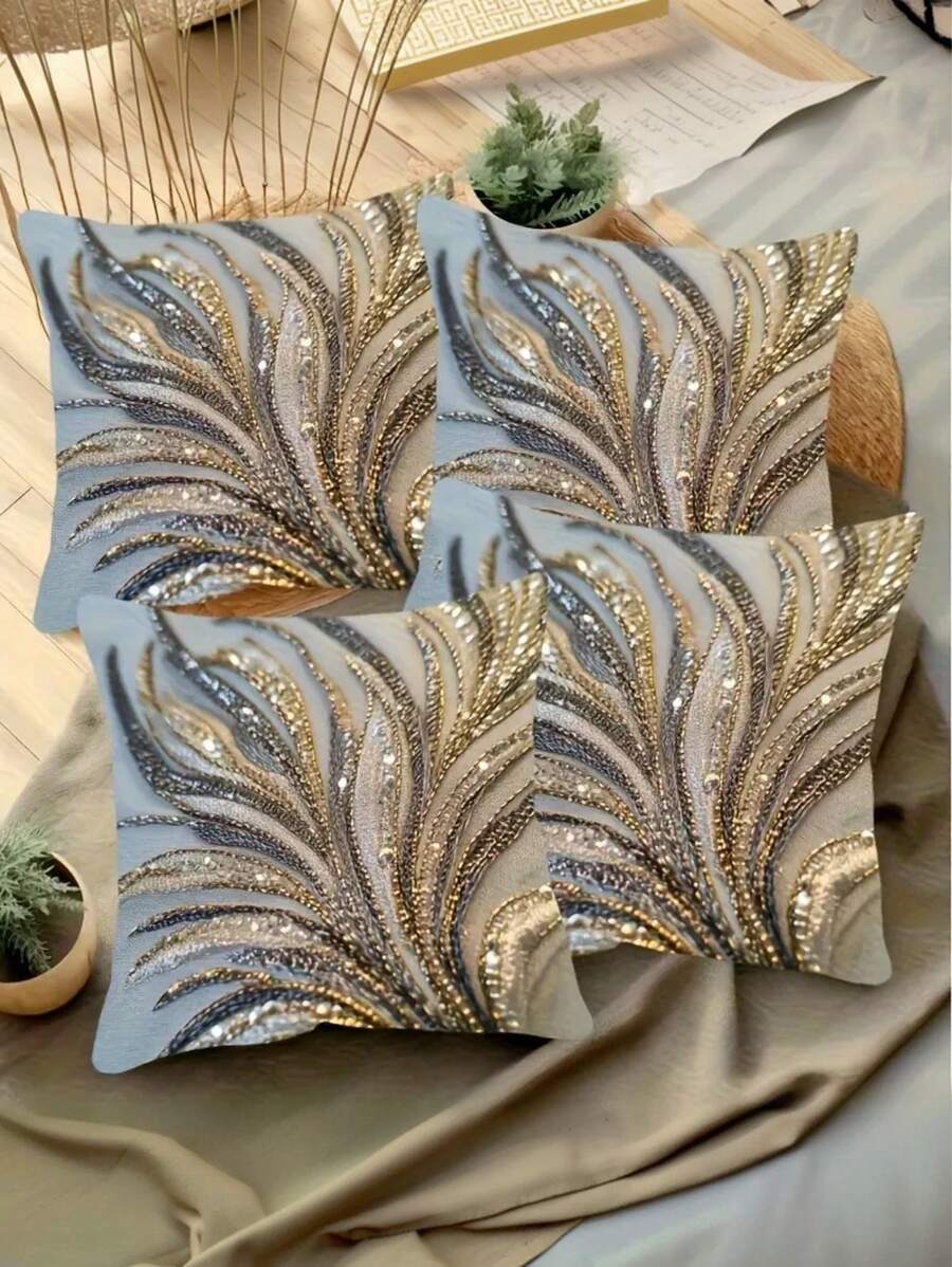 1/2/4pcs Luxury Modern Abstract Feather Pattern Pillow Covers - 17.7x17.7 Inch, 2D Flat Printing, Sparkling Glitter Texture, Zipper Closure, Elegant Decorative Cushion Covers For Living Room, Bedroom, Office - Machine Washable, No Insert Included, Decorative Pillows