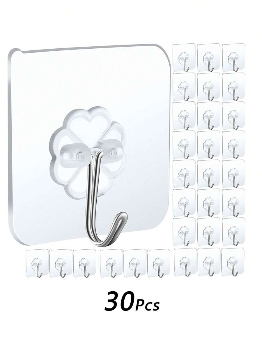 30pcs Transparent Stainless Steel Strong Multi-Functional Sticky Hooks Self Adhesive Hooks Key Storage Hanger For Kitchen Bathroom Door Wall