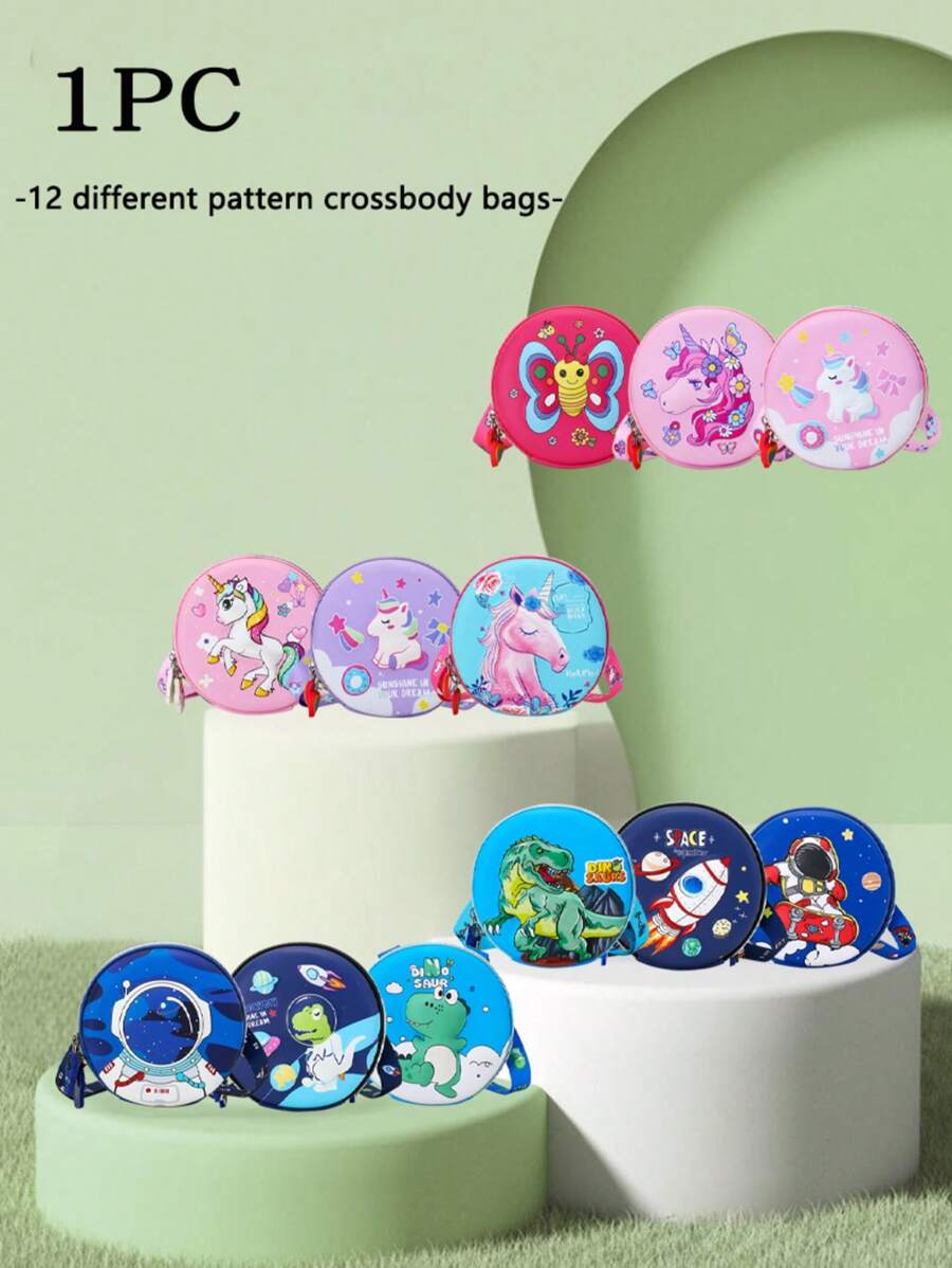 1 pieza Bolso bandolera pequeño y redondo con estampado 3D lindo y de dibujos animados de niños y niñas con estilo, de estilo coreano versátil, correa de hombro casual y cómoda, variedad de patrones de impresión a elegir, satisface las necesidades básicas de almacenamiento, adecuado para uso diario y juego, una excelente opción de regalo