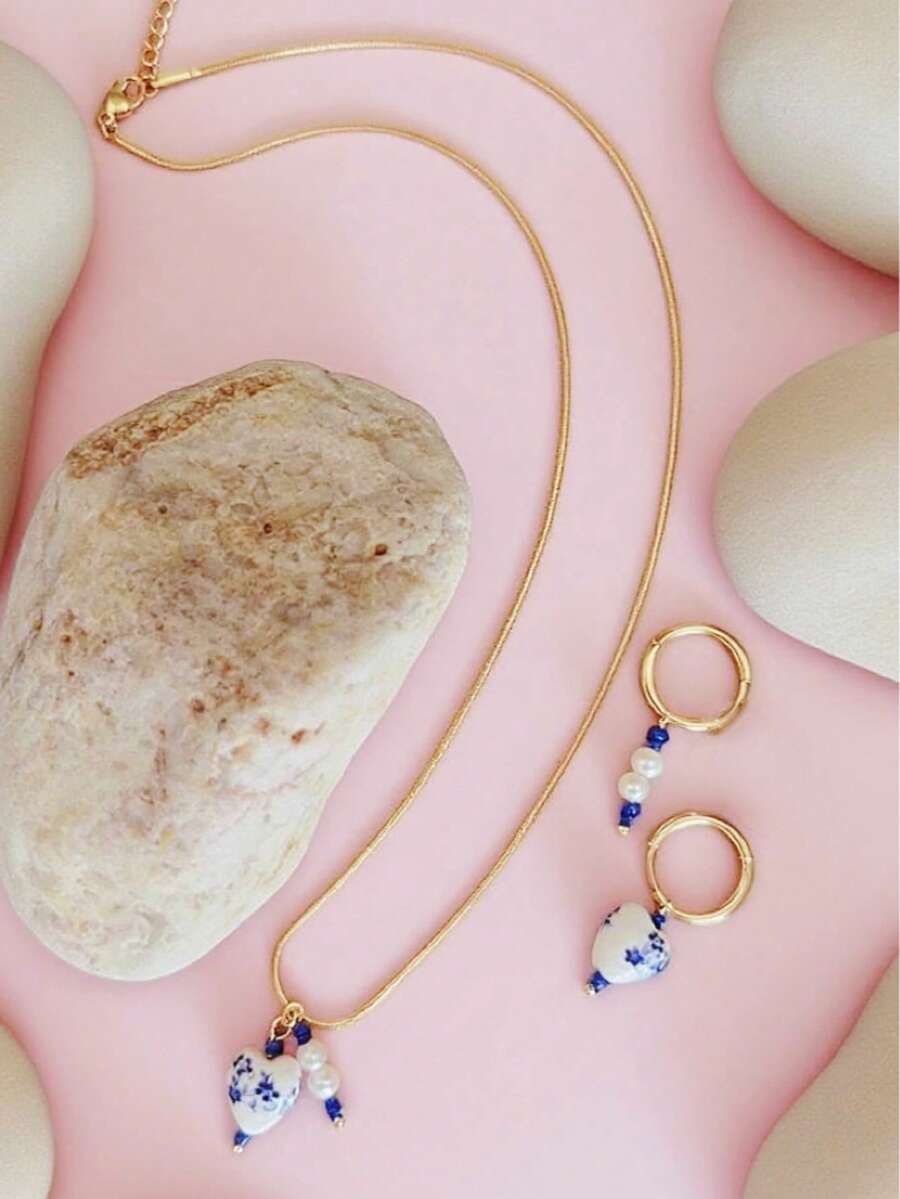 3pcs/Set Fashion Blue And White Porcelain Heart Shaped Stainless Steel Necklace Faux Pearl Earrings The Suit Is Suitable For Girls To Wear On A Daily Basis Vacation Atmosphere Gift