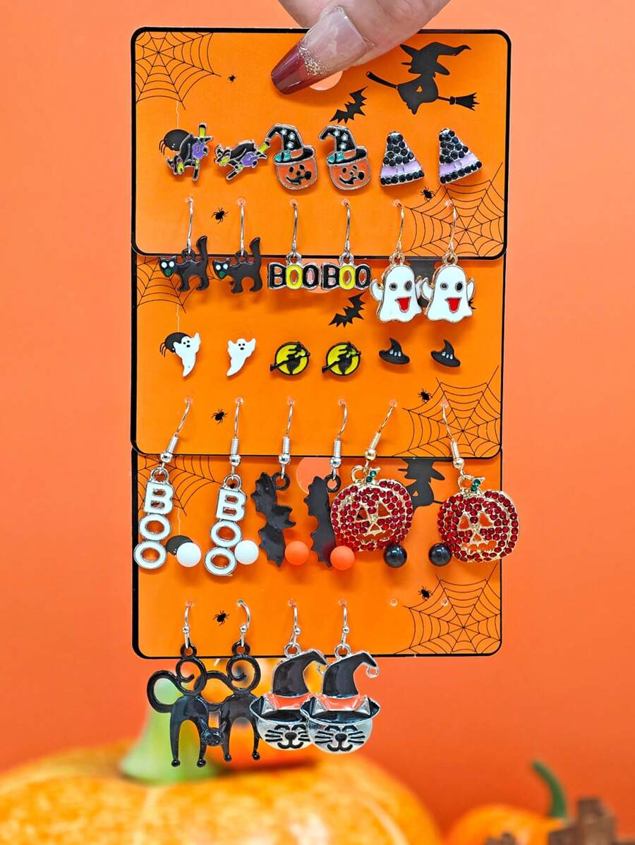 10 Peças/12 Peças Conjunto de Brincos para Halloween, Brincos de Botão com Elementos de Abóbora, Fantasma e Morcego Decorados com Strass
