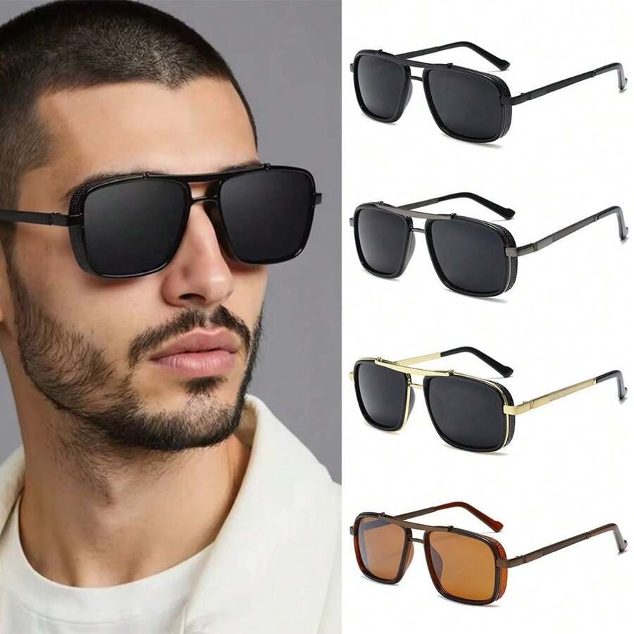 Lunettes de mode rectangle rétro de luxe pour hommes, monture métallique à double pont, style steampunk, bordures épaisses, look classique de mode pour l'extérieur, la conduite, l'été
