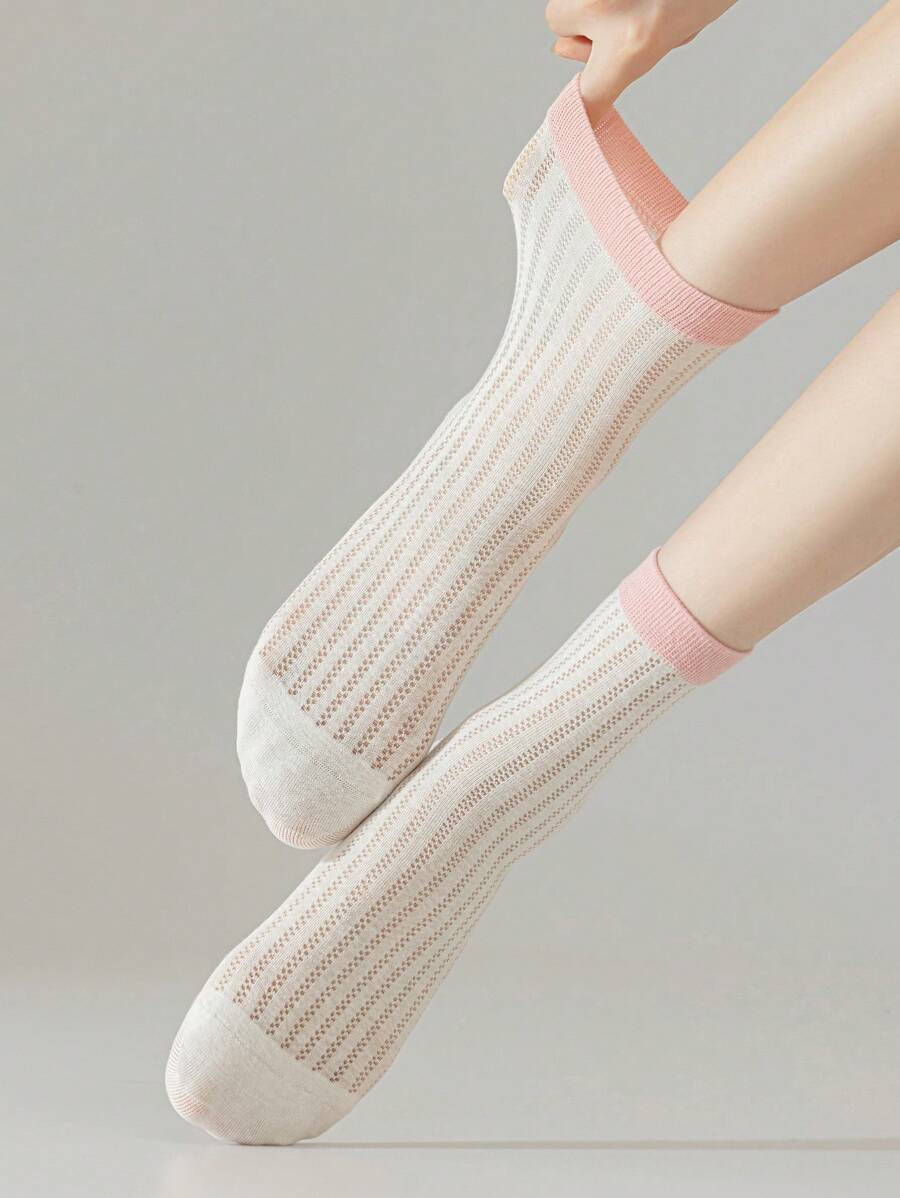 6 Pairs Of Colorful Women's Socks, Hollow Out Design, Simple Striped Women Crew Socks, Daily Casual Out Wear